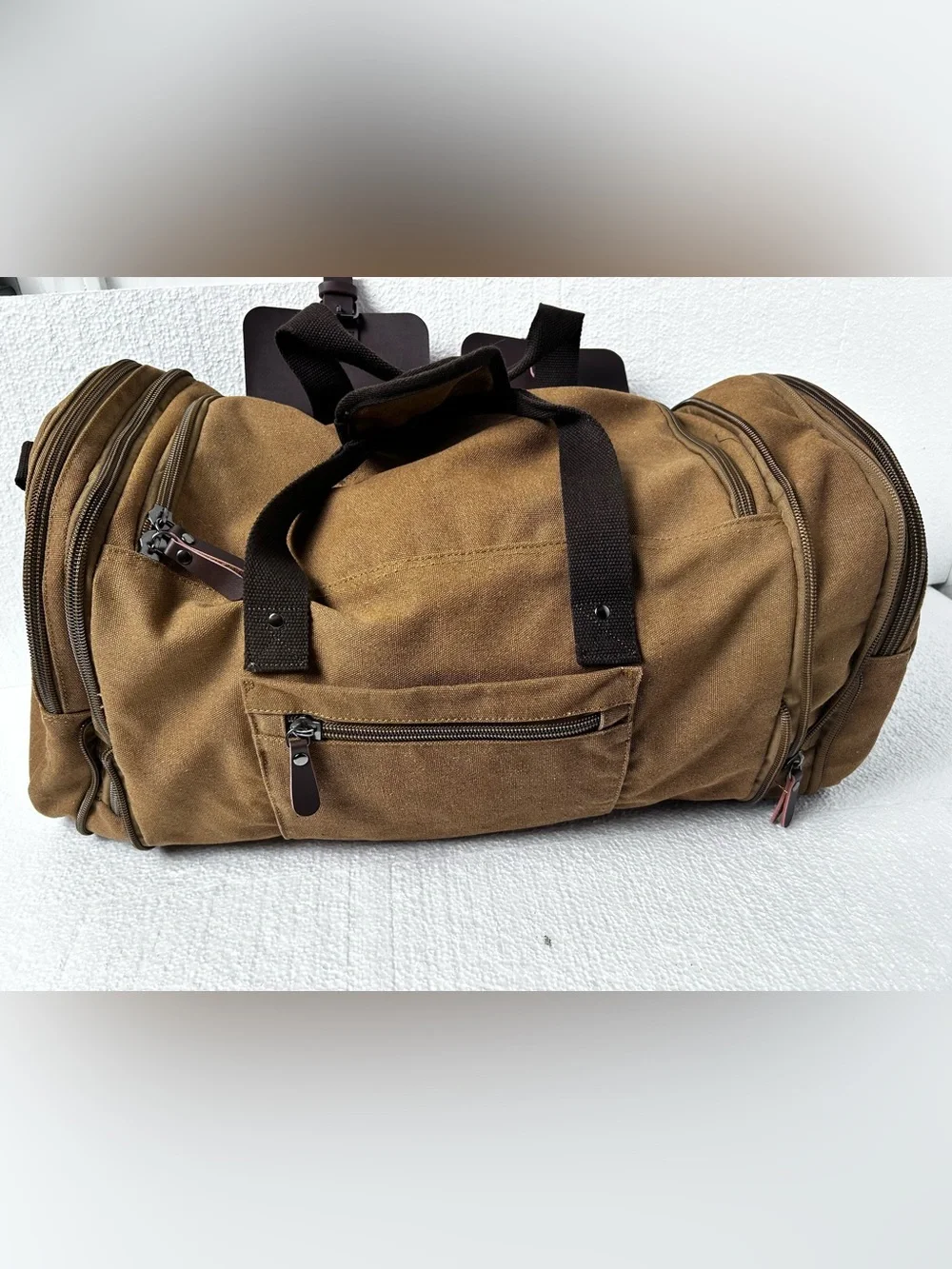Wildroad Tan Canvas Duffel Bag with Dark Brown Leather Trim 50L expandable